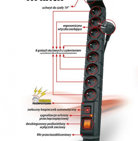 Listwa zasilająca  HSKDATA W0137 Acar S8 FA RACK 8 gniazd do szaf 19 czarna 3m