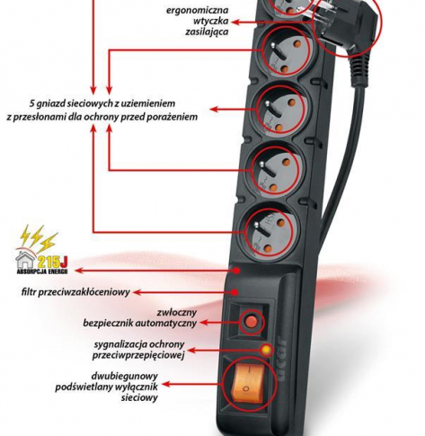 Listwa zasilająca  HSKDATA W0094 Acar F5PRO z filtrem  czarna 5m