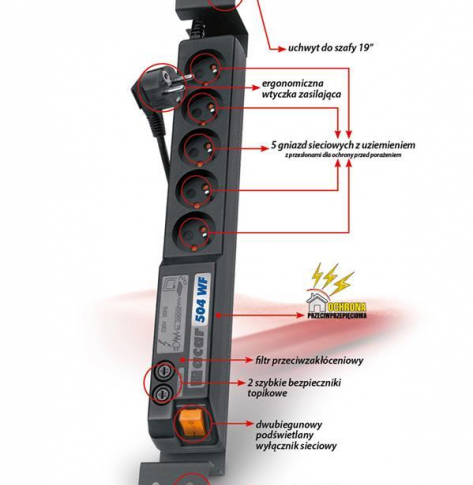 Listwa zasilająca  HSKDATA W0076 Acar 504WF RACK 19   surge protector with filter l  czarna 5m