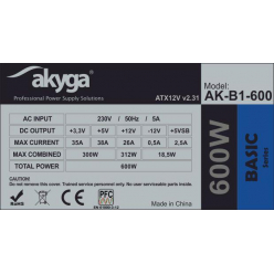 Zasilacz Akyga ATX Basic 600W AK-B1-600 Fan 120 mm PCI-E