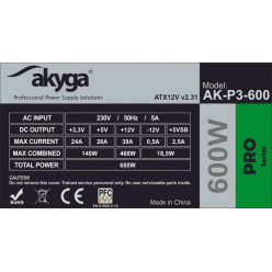 Zasilacz Akyga ATX Pro 600W AK-P3-600 Fan 120 mm PCI-E PFC