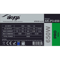 Zasilacz Akyga ATX Pro 650W AK-P3-650 RGB Fan 12cm P8 5xSATA 2xPCI-E