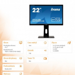 Monitor Iiyama 21.5 cala B2282HS-B5 HDMI DVI VGA 1ms PIVOT ACR80M:1 2x1W