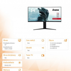 Monitor Iiyama 34 GB3466WQSU-B1 VA UWQHD 144HZ 1MS 1500R HDMI DPx2 USB 3.0