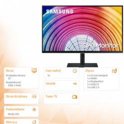 Monitor Samsung LS32A600NWUXEN 32 VA WQHD 2560x1440 16:9 3000:1 4ms Pivot HDMI/DP/USB-C 90W LAN USB3-HUB VESA 100 black