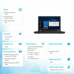 Laptop Lenovo ThinkPad T15g G2 20YS0006PB W10Pro i9-11950H 32GB 1TB RTX3080 16GB 15.6 UHD 3YRS Premier Support 
