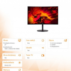 Monitor Acer 27 cali Nitro XZ270Xbmiiphx VA 240Hz Curved 