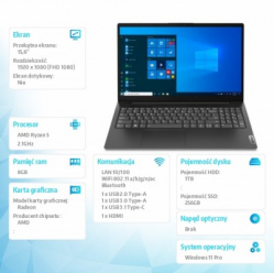Laptop Lenovo V15 G2 15.6 FHD Ryzen 5 5500U 8GB 256GB AMD W11Pro 3YRS OS czarny 