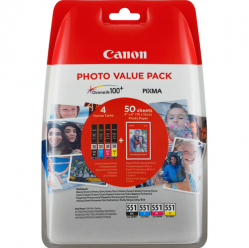 Value Pack CANON CLI-551 blister 4x6 Phot Paper PP-201 50sheets + Cyan Magenta Yellow & Photo Black ink tanks