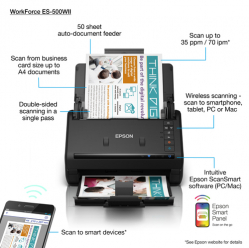 EPSON WorkForce ES-500W II Document scanner Contact Image Sensor CIS Duplex 600x600dpi 35ppm ADF 100sheets 4000scans/d USB Wi-Fi