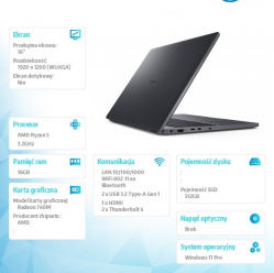 Dell Laptop Dell Pro 16 PC16255/AMD Ryzen 5 220/16GB/512GB SSD/16.0 FHD+/Radeon 740M/FgrPr/FHD/IR Cam/Mic/WLAN + BT/Backlit Kb/3Cell/W11P