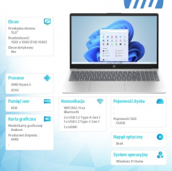 Laptop HP 255 G10 15.6 FHD Ryzen 5 7530U 8GB 512GB AMD Win11H