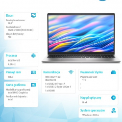 Laptop Dell 15 DC15250 15.6 FHD i5-1334U 16GB 1TB SSD FPR BK W11P 3YPS ALU Platinum