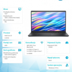 Laptop Dell 15 DC15250 15.6 FHD i3-1305U/8GB/512GB SSD BK W11P 3YPS Carbon Black