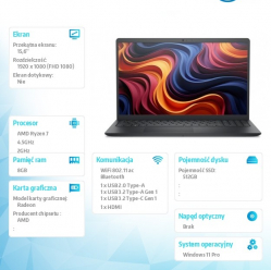 Laptop Dell 15 DC15255 15.6 FHD Ryzen 7-7730U 16GB 512GB SSD AMD BK W11P 3YPS Carbon Black