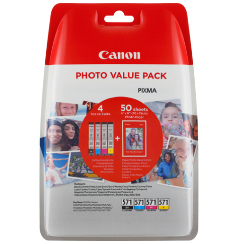 CANON 1LB CLI-571 Value Pack Blister 4x6 Phot Paper PP-201 50sheets + Cyan Magenta Yellow & Photo Black ink tanks
