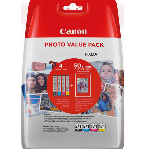 CANON 1LB CLI-571 Value Pack blister security 4x6 Phot Paper PP-201 50sheets + Cyan Magenta Yellow & Photo Black ink tanks