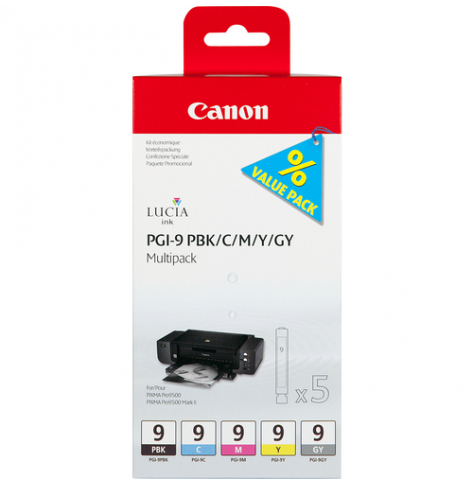 CANON 1LB PGI-9 PBK C M Y GY ink cartridge black and four colour standard capacity combopack blister with alarm