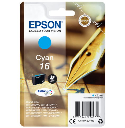 EPSON 16 ink cartridge cyan standard capacity 3.1ml 165 pages 1-pack RF-AM blister