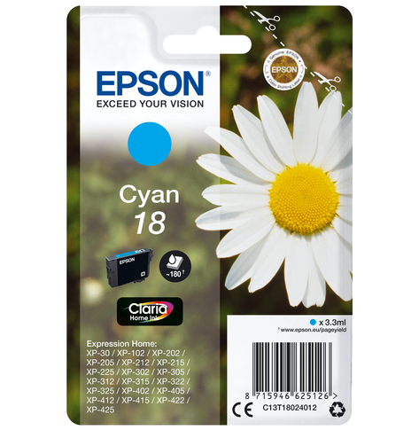 EPSON 18 ink cartridge cyan standard capacity 3.3ml 180 pages 1-pack RF-AM blister