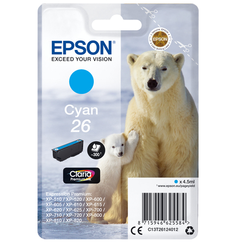EPSON 26 ink cartridge cyan standard capacity 4.5ml 300 pages 1-pack RF-AM blister