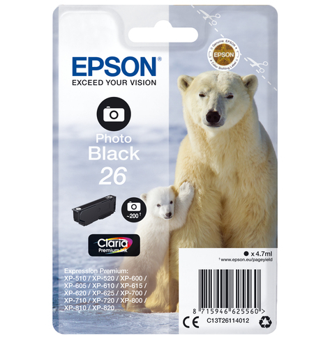 EPSON 26 ink cartridge photo black standard capacity 4.7ml 200 photos 1-pack RF-AM blister