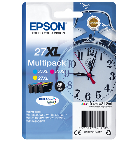 EPSON 27XL ink cartridge cyan, magenta and yellow high capacity 3x10.4ml 3x1.100 pages combopack RF-AM blister - DURABrite