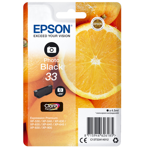 EPSON C13T33414012 Epson Singlepack Photo Black 33 Claria Premium Ink