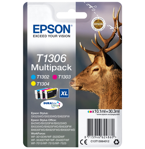EPSON T1306 ink cartridge tri-colour extra high capacity 3 x 10.1ml 3-pack RF-AM blister DURABrite Ultra Ink