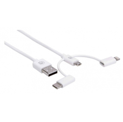 MANHATTAN 3w1 USB-A 2.0 na Lightning USB-C Micro-USB 1m Bialy