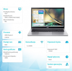 Acer Aspire 3 A315-24P-R3NG 15.6 FHD Ryzen 5 7520U 8GB SSD 512GB NoOS Srebrny