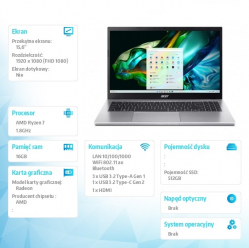 Laptop Acer Aspire 3 A315-44P-R33V 15.6 FHD Ryzen 7 5700U 16GB 512GB No OS Silver
