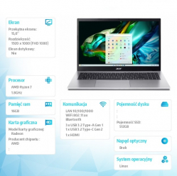 Laptop Acer Aspire 3 A315-44P-R9CB 15.6 Full HD Ryzen 7 5700U 16GB SSD 512GB Linux Srebrny