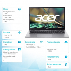 Acer Aspire 3 A315-59-35WU 15.6 i3-1215U 8GB 512GB NoOS Srebrny