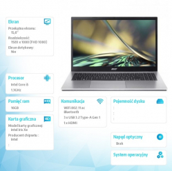 Laptop Acer Aspire 3 A315-59-5608 15.6 FHD IPS i5-1235U 16GB DDR4 512GB SSD NoOS silver