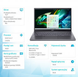 Laptop Acer Aspire 5 A515-58GM-71DT 15.6 FHD i7-13620H 16GB 512GB RTX2050 NoOS