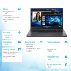 Laptop Acer Extensa 15 EX215-55-34E6 15.6 HD i3-1215U 16GB 512GB SSD NoOS