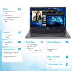 Laptop Acer Extensa 15 EX215-55-53SX 15.6 FHD i5-1235U 8GB 512GB Linux