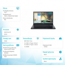 Acer Gaming Aspire 7 A715-76G-5303 15.6 FHD i5-12450H 16GB 512GB SSD GeForce RTX3050 4GB NoOS czarny