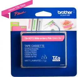 Taśma Brother 12mm biała / rózowy mat (5M długości)