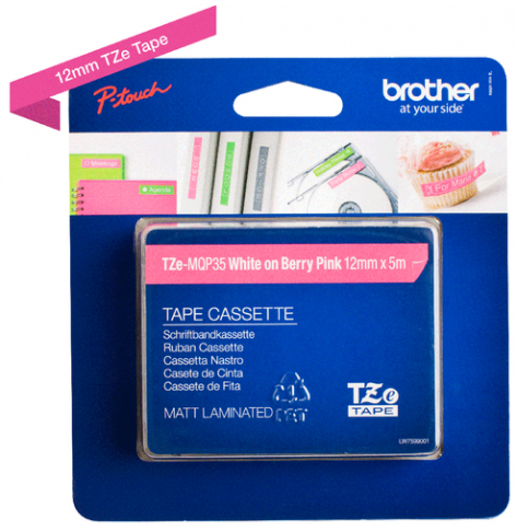 Taśma Brother 12mm biała / rózowy mat (5M długości)