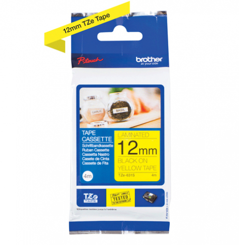 Taśma Brother 12mm czarna na żółtym (4m)