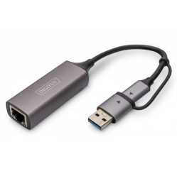 Karta sieciowa Digitus przewodowa USB 3.1 Typ C + USB A do 1x RJ45 2.5 Gigabit Ethernet 10/100/1000/2500Mbps