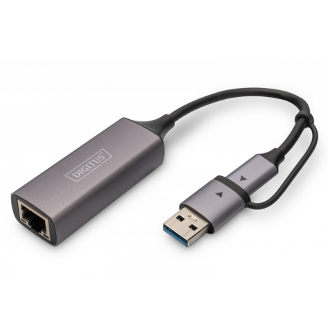 Karta sieciowa Digitus przewodowa USB 3.1 Typ C + USB A do 1x RJ45 2.5 Gigabit Ethernet 10/100/1000/2500Mbps