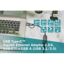 Karta sieciowa Digitus przewodowa USB 3.1 Typ C + USB A do 1x RJ45 2.5 Gigabit Ethernet 10/100/1000/2500Mbps