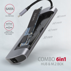 Hub HMC-6M2 Wieloportowy USB-C 3.2 Gen 1, slot M.2 SATA + HDMI + GLAN + 2x USB-A + PD 100W