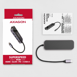 Hub HMC-6GL Wieloportowy USB 6in1, 5Gbps, 3x USB-A, HDMI 4K/30Hz, GLAN, PD 100W, 20cm USB-C kabel