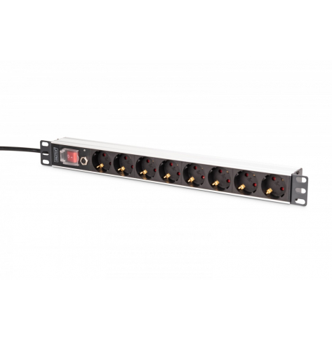 Listwa zasilająca Digitus PDU Rack 19" z zabezpieczeniem przeciążeniowym, 8 gniazd Schuko CEE 7/3 (45°), kabel 2m wtyk Unischuko, 16A, aluminiowa