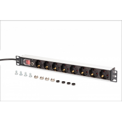 Listwa zasilająca Digitus PDU Rack 19" z zabezpieczeniem przeciążeniowym, 8 gniazd Schuko CEE 7/3 (45°), kabel 2m wtyk Unischuko, 16A, aluminiowa