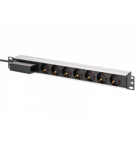 Listwa zasilająca Digitus PDU Rack 19" z wyłącznikiem nadprądowym Typ C 16A, 7 gniazd Schuko CEE 7/3 (45°), kabel 1,8m wtyk Unischuko CEE 7/7, 16A, aluminiowa